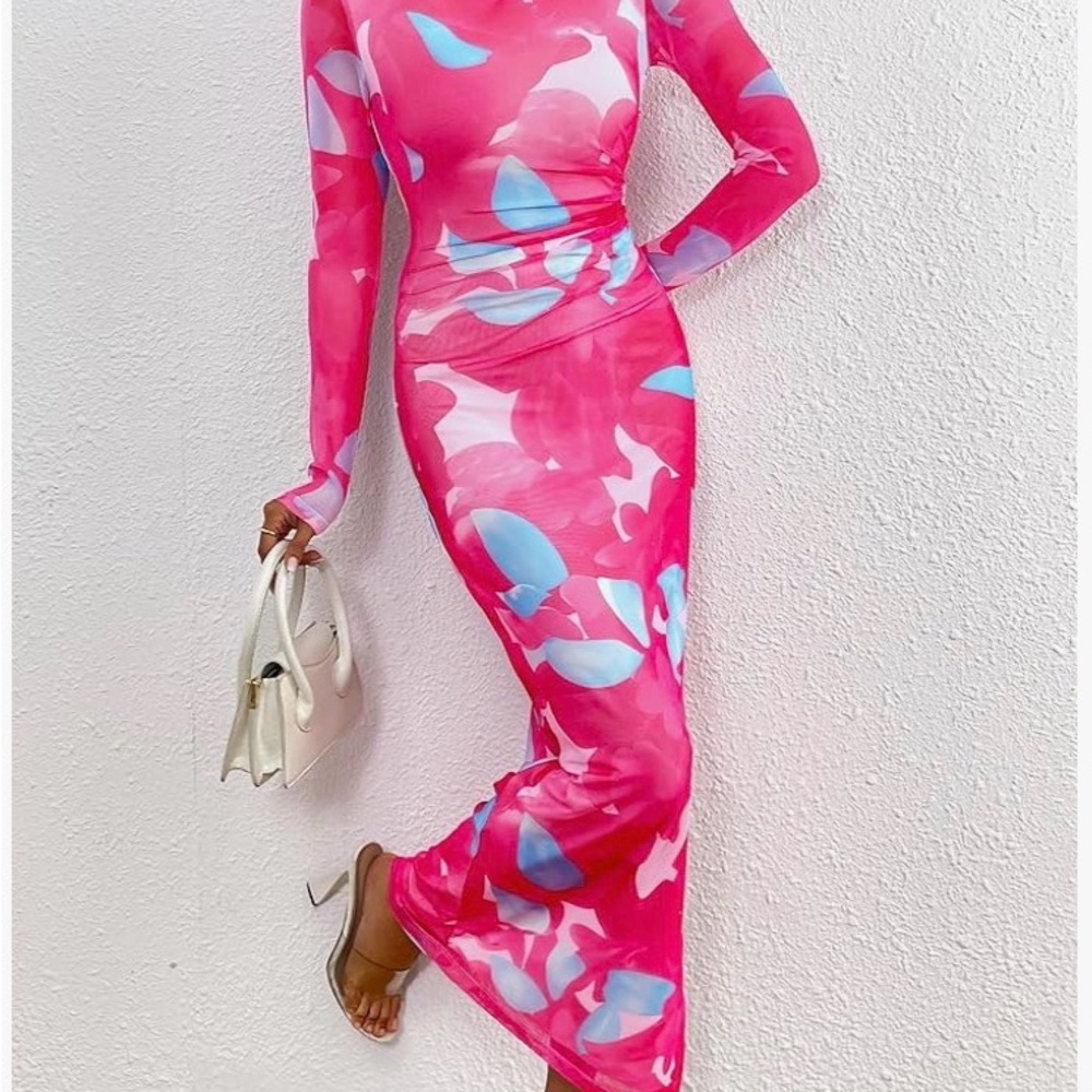 Pink & Blue Long Sleeve Bodycon Maxi Dress - Picture 7 of 9